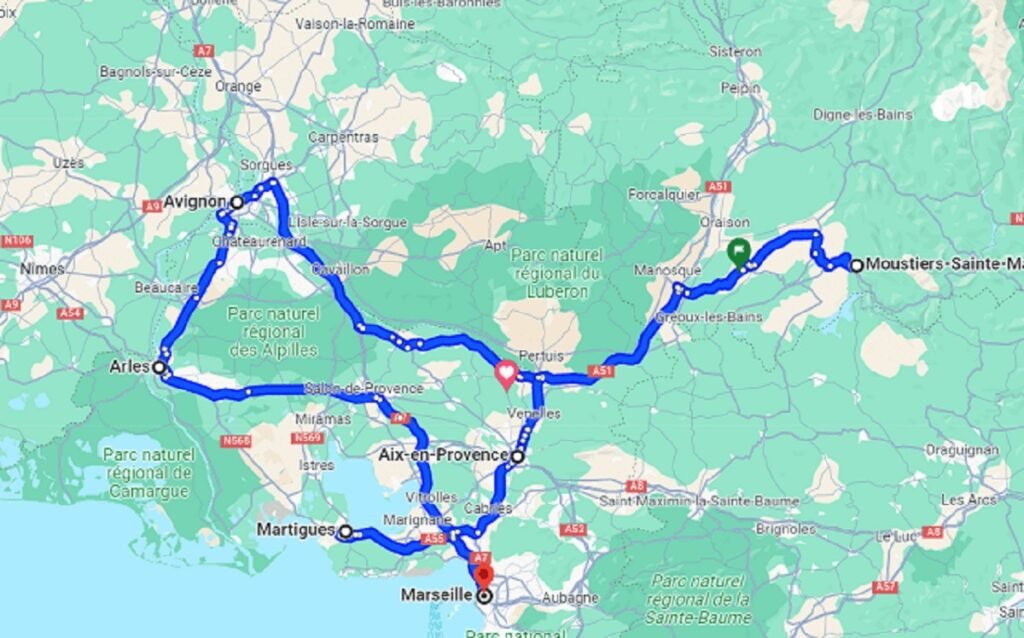 Map of your 1-week itinerary in South of France
